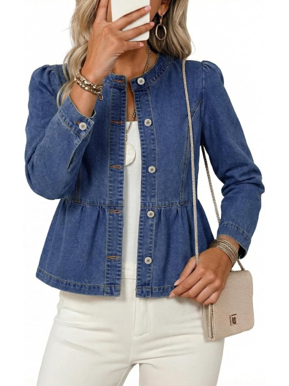 Women's Bluing Long Sleeve Button Down Cropped Waist Denim Jeans Jacket